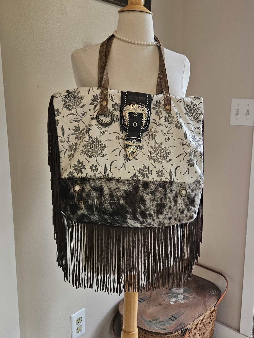 Fringe Myra Tote Bag Purse with Cowhide Accent- One Of A Kind - Picture 3 of 8